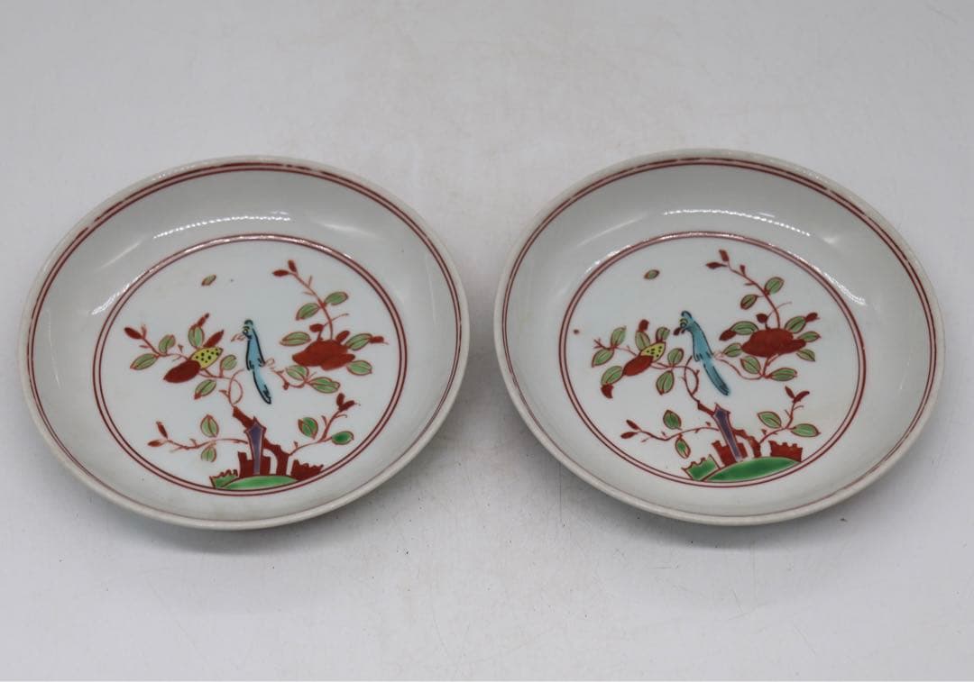 中国　紅緑彩　花鳥紋小皿2点　正徳年製銘　送料込み1023