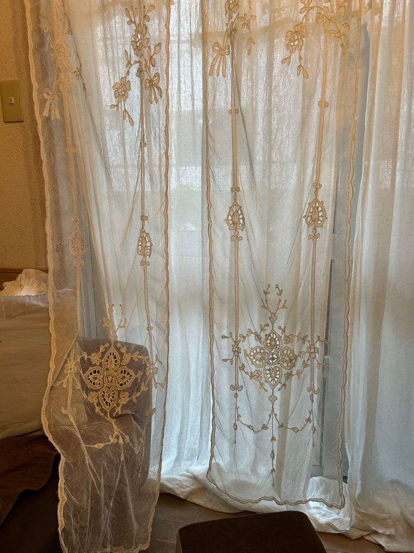 フランスアンティークレース　アンティークレースカーテン　ブロカント　2枚セット アンティークレースカーテン 2枚セット 刺繍入り