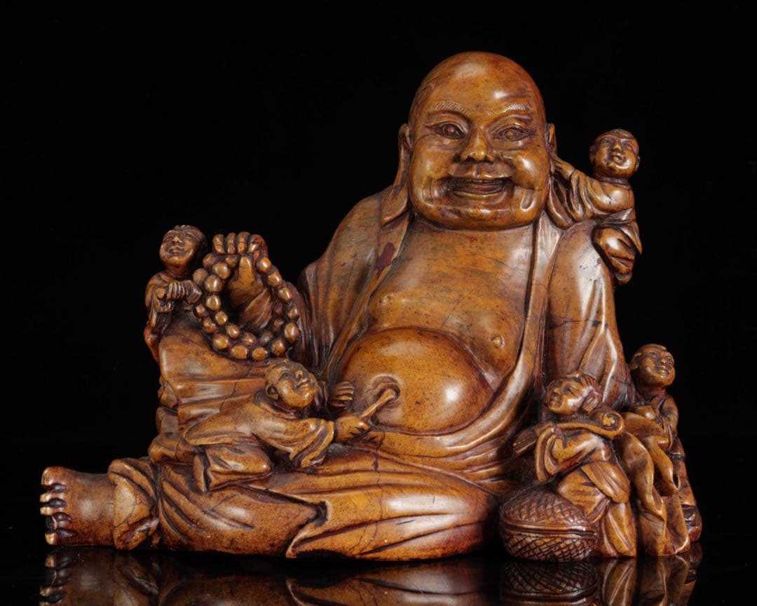 石彫 布袋尊 童子戯れ 置物 高さ21cm 七福神 縁起物 仏像 古美術 骨董品