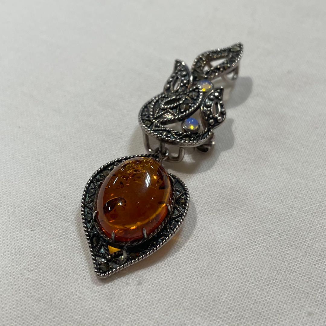 禄山 琥珀 & オパール アーバンリーフ シルバー ブローチ ペンダント