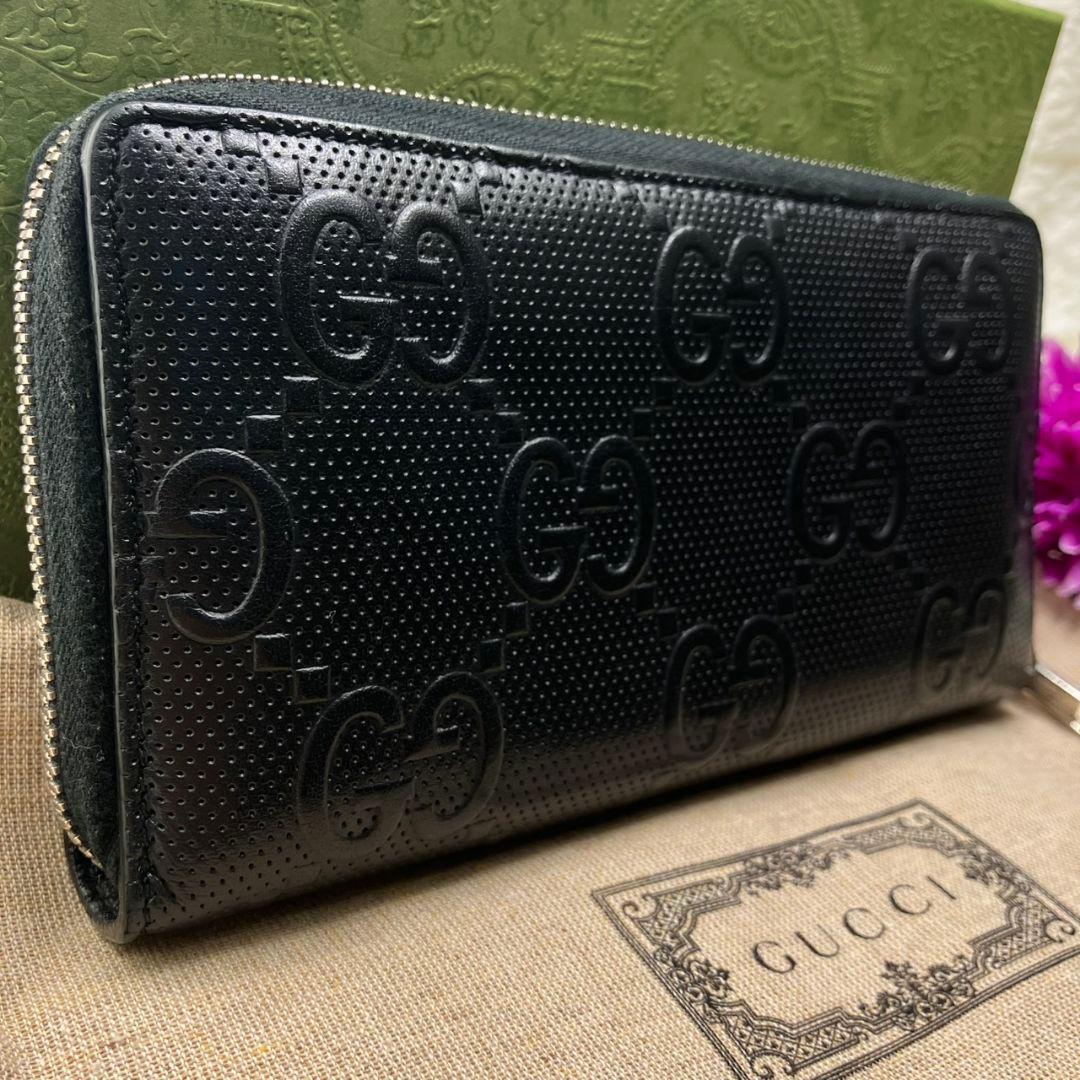 極美品 GUCCI グッチ 長財布 GGエンボス ファスナー ブラック 保存袋付 GUCCI（グッチ） 財布 ラウンドファスナー長財布 メンズ レディース