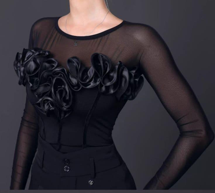 TID　社交ダンストップス　レオダートタイプ ツバキのボタン 黒 オーダーメイド TID 社交ダンストップス レオダートタイプ ツバキのボタン 黒 オーダー