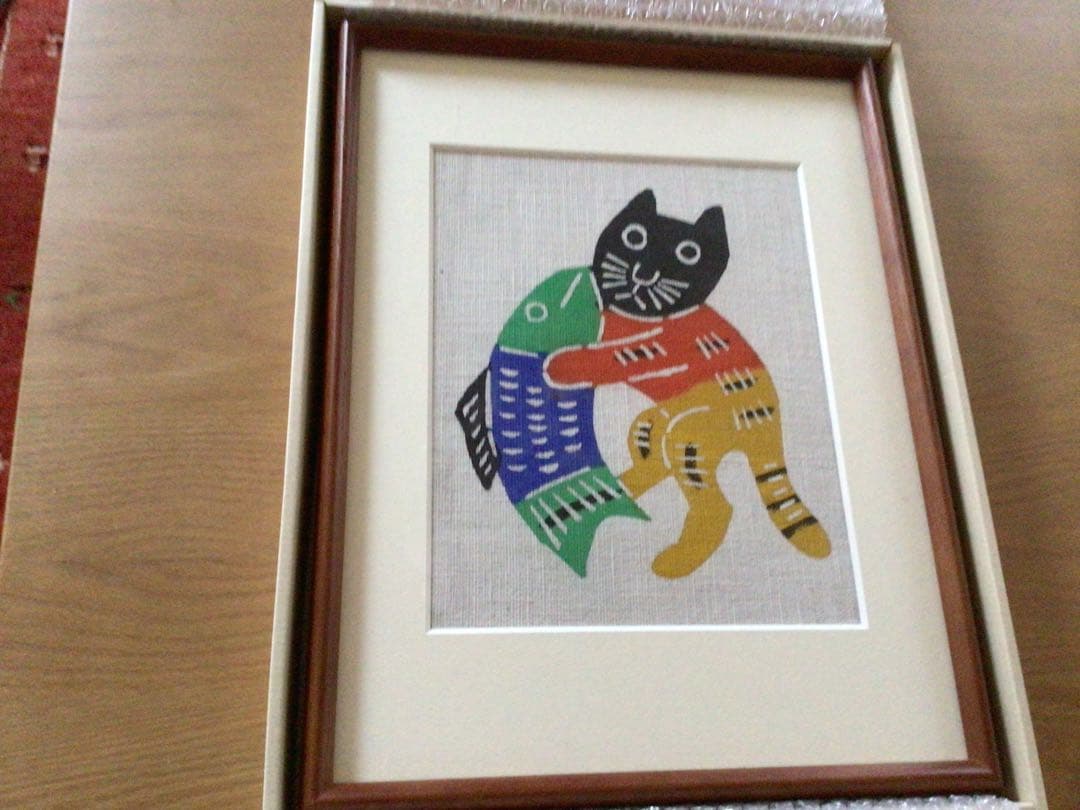 週末お値下げ⭕️⭕️美品【希少】柚木沙弥郎　型染絵　猫と魚 額装品⭕️⭕️