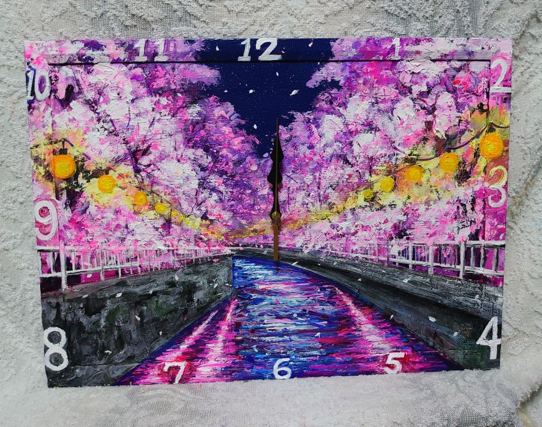 油絵 絵画 時計【夜桜】