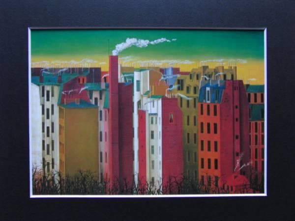 奥谷　博 、晩寒の巴里、希少な額装用画集より、新品高級額、額装付、状態良好