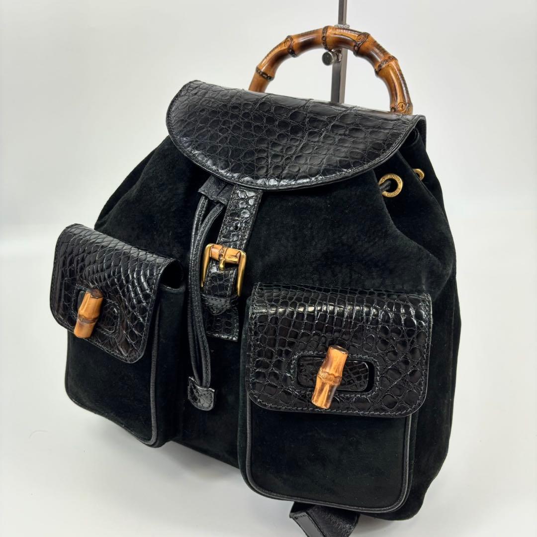 専用グッチ バンブー クロコ スエード リュック ターンロック 黒