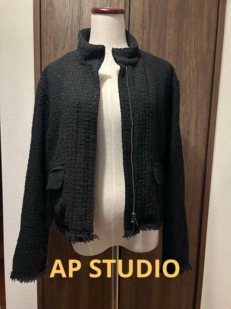 AP STUDIO ツイード黒ジップアップジャケット　スタンドカラーブルゾン