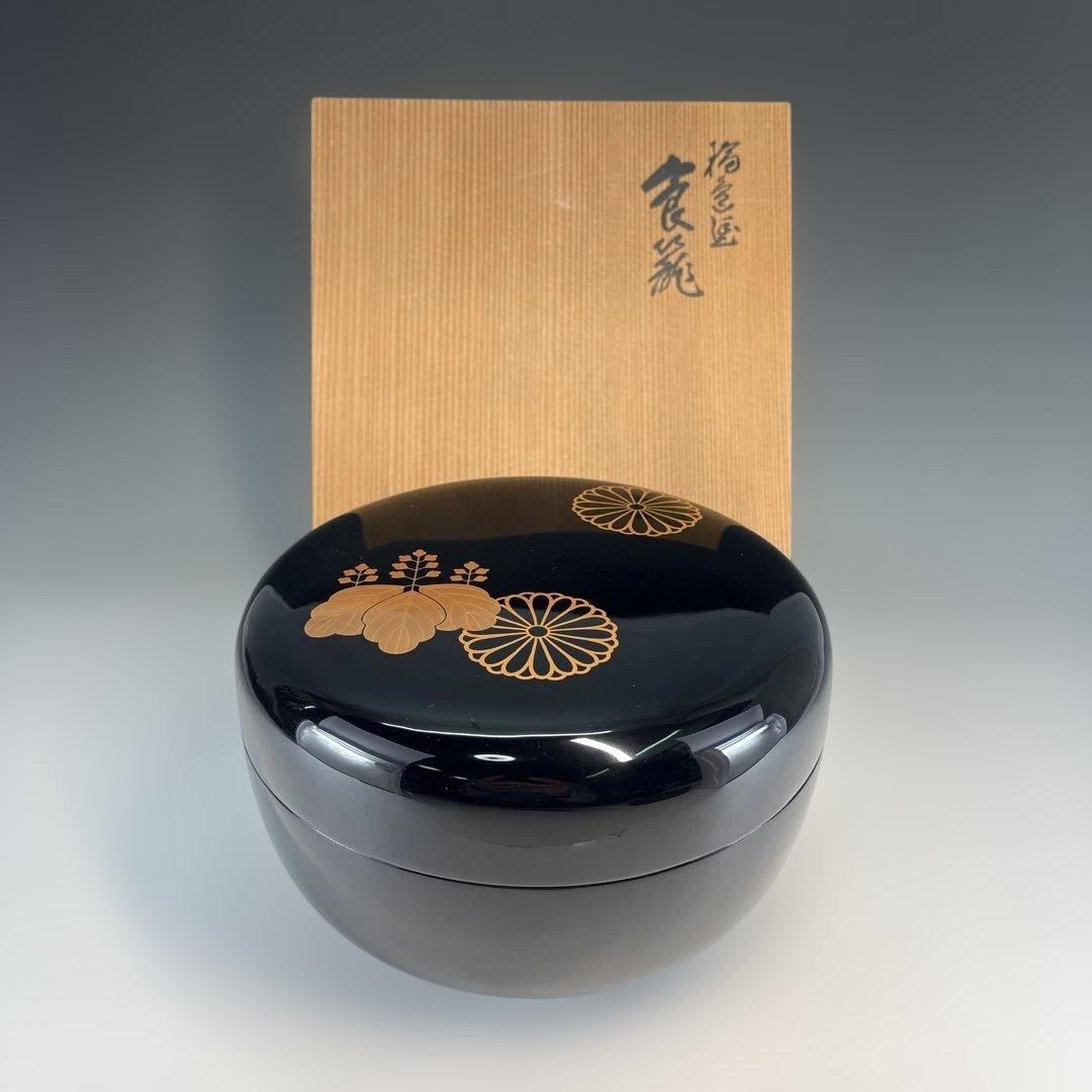 【中古品】輪島塗食籠 蒔絵「玉峰」塗師「静峰」髙台寺蒔絵 外黒塗内銀梨地（共箱）