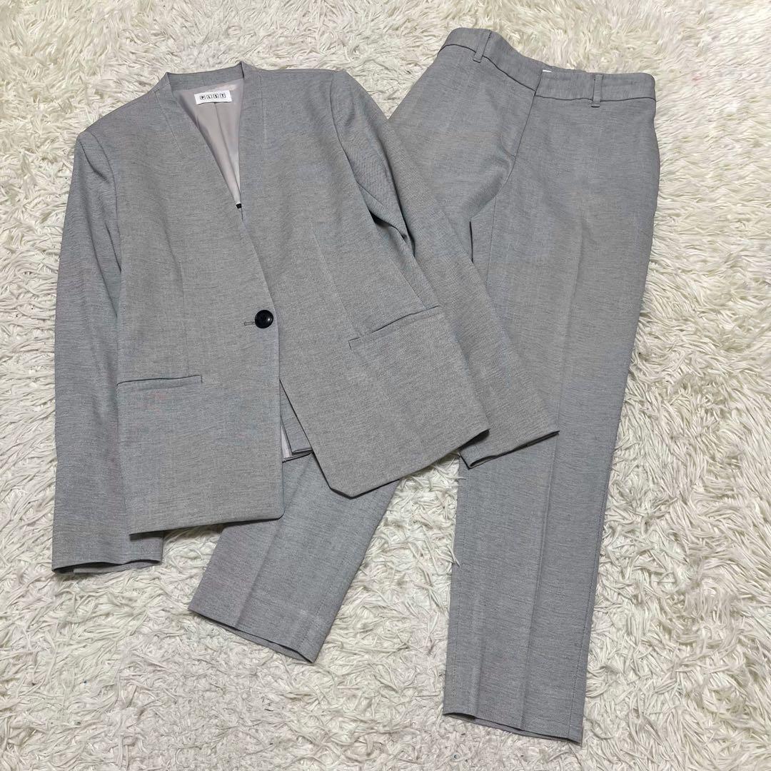 美品 PLST ノーカラー セットアップ スーツ ストレッチ グレー フォーマル