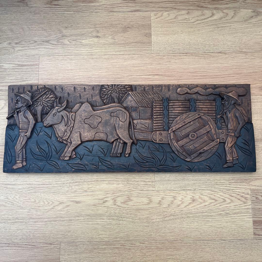木製農業シーン浮彫りレリーフ 約８０cm 他に１枚