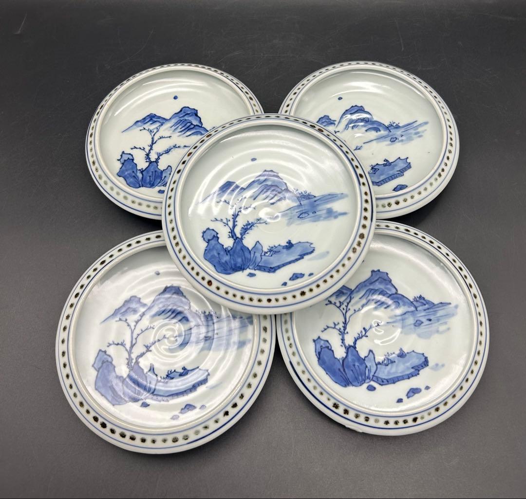 陶器　古余呂技窯　名工　川瀬順一　染付丸鉢　5枚