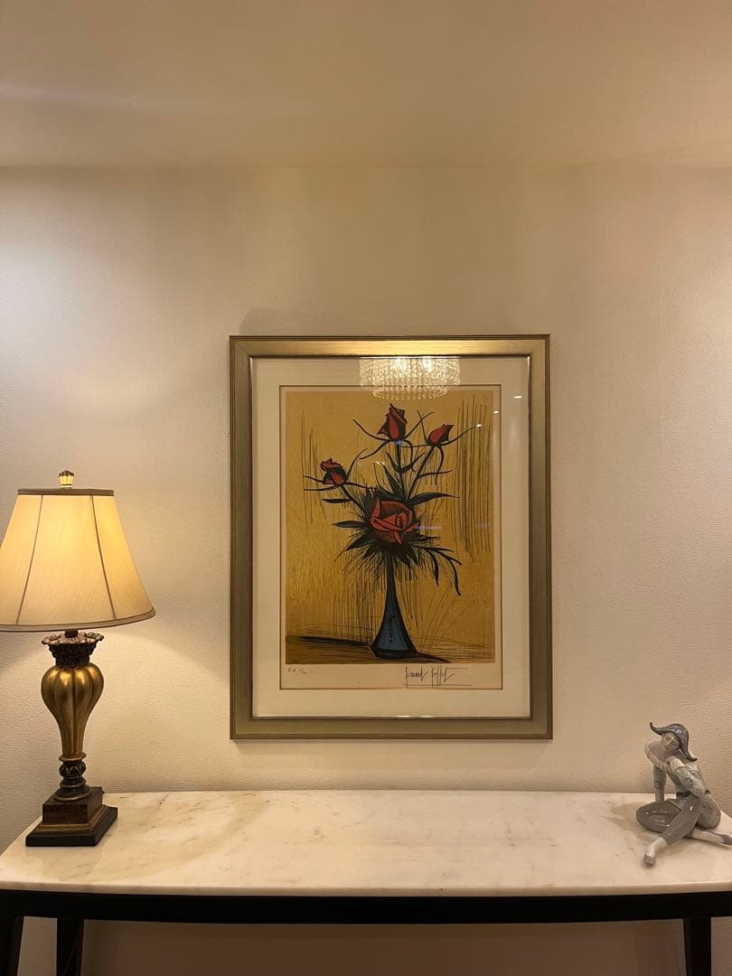 希少 ベルナール・ビュッフェ 赤いバラ サイン有 ベルナール・ビュッフェ「Red Flowers」 複製画の額装品 額縁外寸 47.5