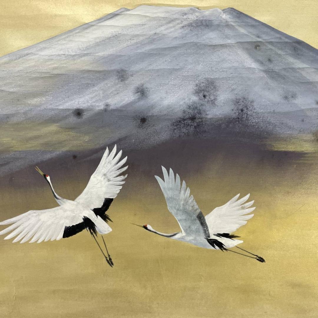 真作/川村憲邦/富士舞鶴図/鶴/花鳥/瑞祥/桐共二重箱付/布袋屋掛軸A-231