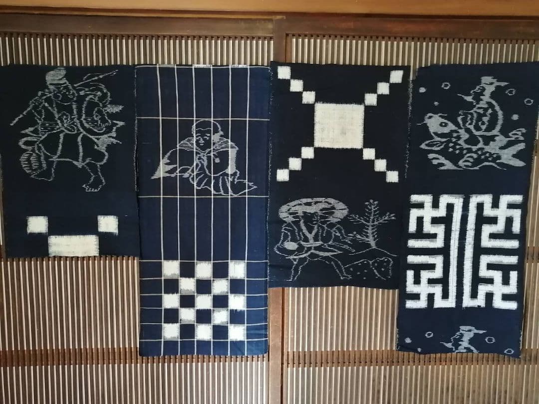 古い絵絣　ハギレ　人物文4点まとめて