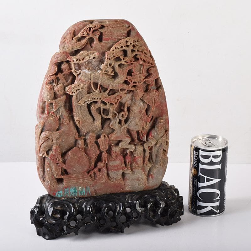 中国　玉石彫刻　鶏血石　山水人物刻　床飾　置物　唐木台付　F　R7719B