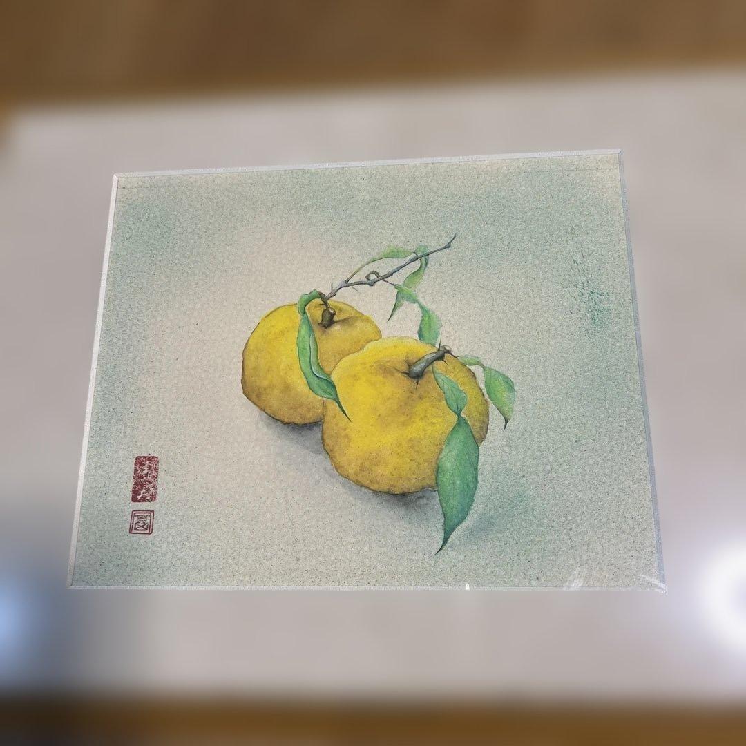 【真作】絵画作者不詳 蜜柑 肉筆　昭和レトロ　色紙