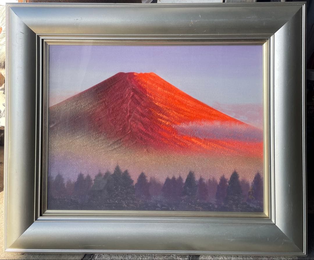 美品 徳田春邦「赤富士」油彩画 油絵 直筆サイン入り 富士山 縁起物 開運