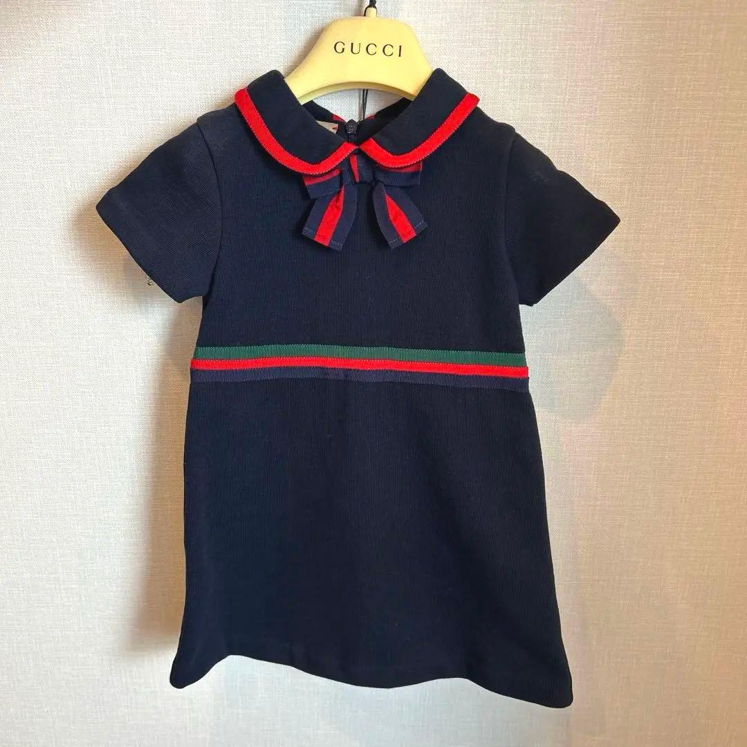 GUCCI ネイビー ワンピース 襟付き　24m GUCCI グッチ ネイビー ワンピース リボン フレア 上品 ロング ドレス