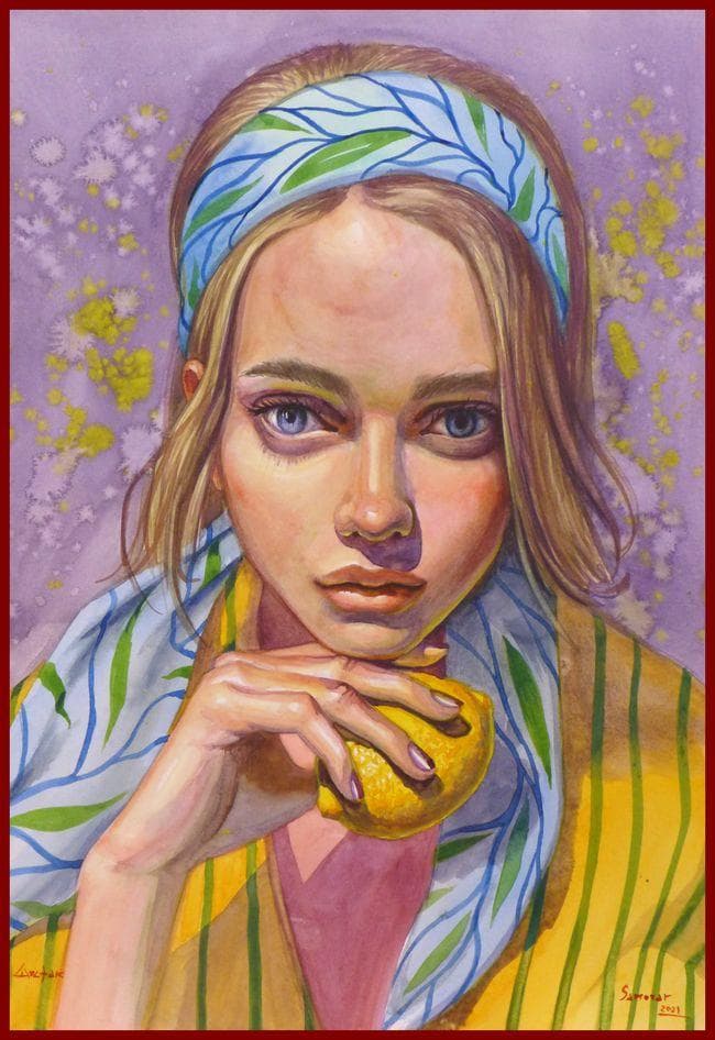 イラスト　原画　「レモンとの娘」 夏と少女とレモンの木🍋② 同じプロンプトで ①はV6、②はV5設定で作り