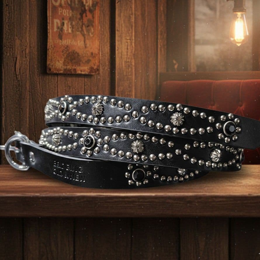 アイ黒■本革レザーフルスタッズナローベルト☆アメカジ古着ヴィンテージキムタク