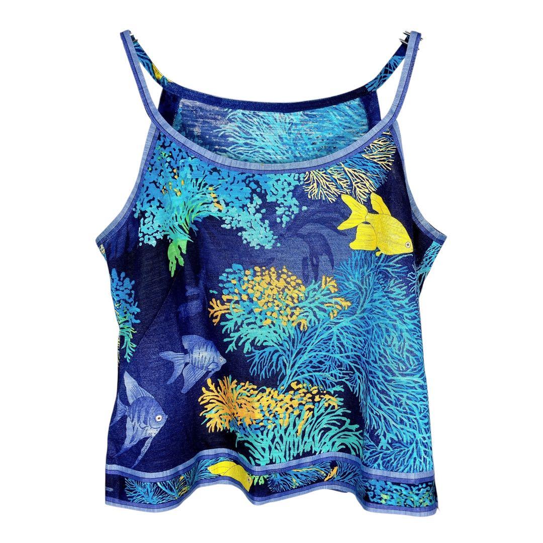 マカ113 超美品 レオナール リネンキャミソール トップス ブルー Lサイズ