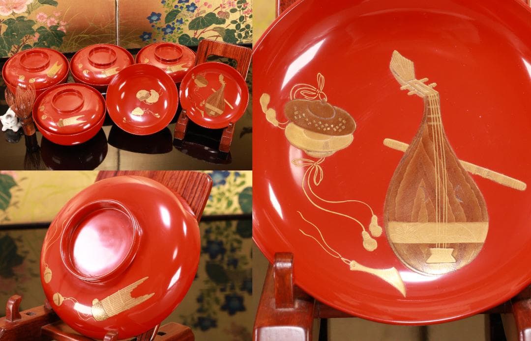 BK106　時代輪島塗　雅楽楽器図金蒔絵　吸物椀　五客　木製　懐石 会席 菓子