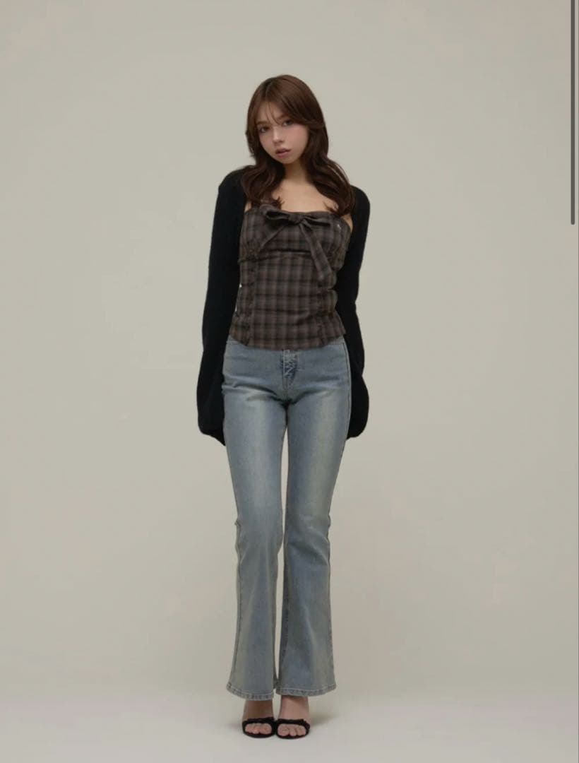 パンツ Mary logo flare denim blue beige