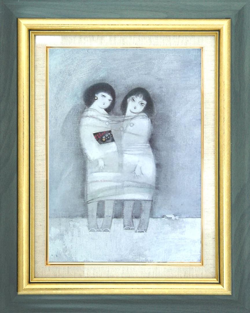 油絵 菅家令子 絵画インテリア額付(青緑＋金色の枠) F4-42023雪国子供 ❤️新作 油絵菅家令子絵画インテリア額(青緑＋金色枠)F6-010426市松