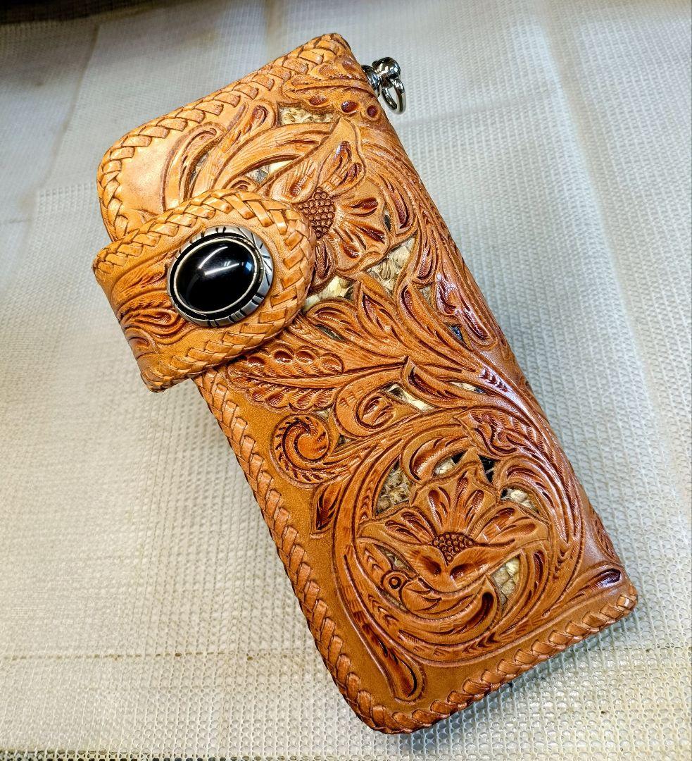 レザークラフト優 パイソン透かし カービング ライダースウォレット 長財布 本革 レザーウォレット ライダースウォレット 透かし彫りカービング