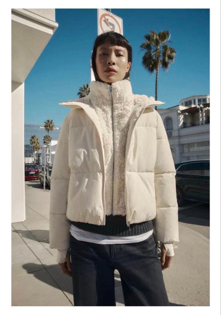 ZARA フェイクシープスキンフード付き撥水ウィンドブレーカーアノラック S