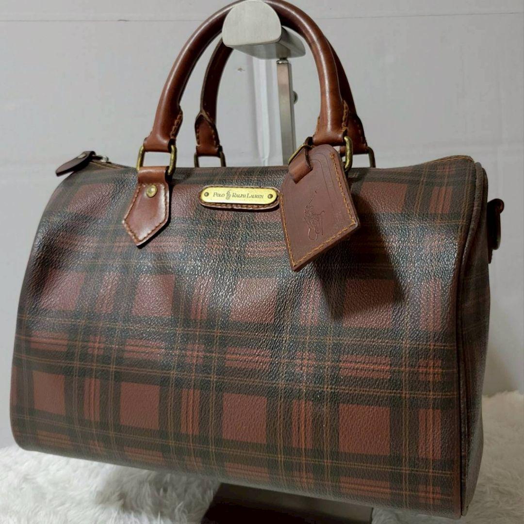 希少　ポロラルフローレン　ミニボストンバッグ　タータンチェック　ヴィンテージ　茶