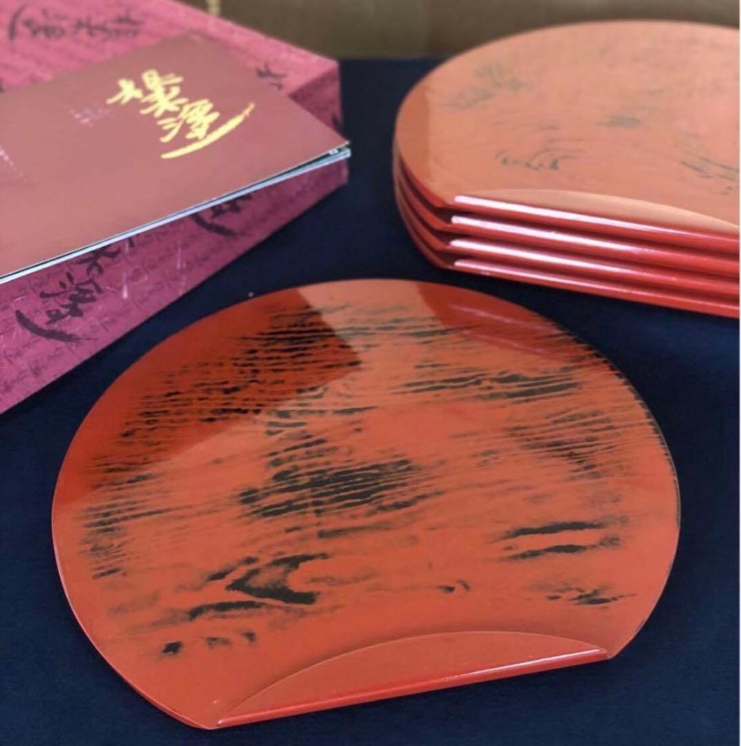 《R》根来塗 半月盆5客 膳 木製漆器 懐石 元箱　260126く1