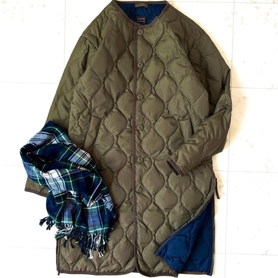 美品　ミリタリー クルーネックダウンコート ロング　カーキ　サイドスリット TAION（タイオン） ダウン ダウンジャケット ミリタリー クルーネック