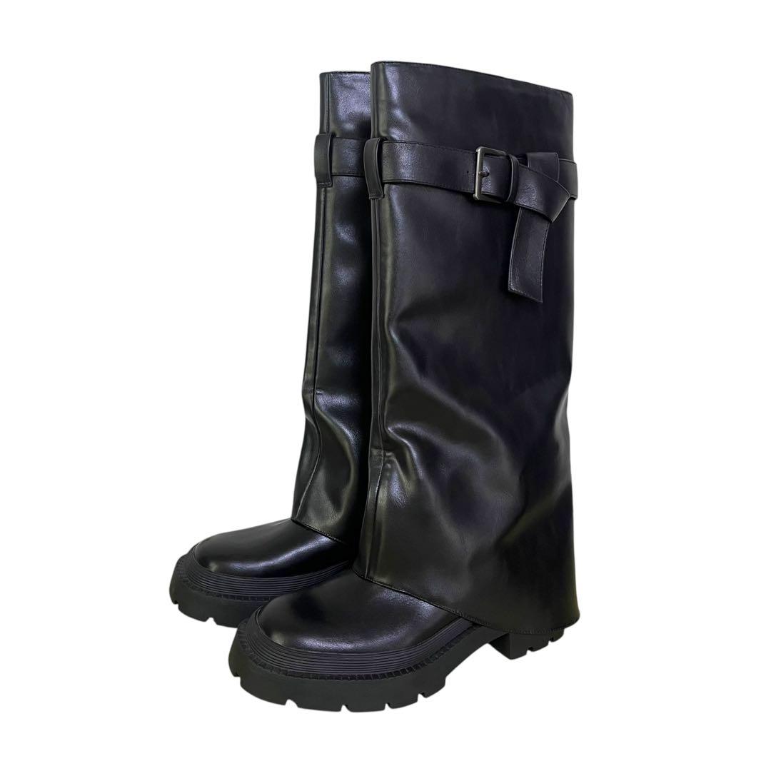 ザラ ニーハイゲートルブーツ バックル ブラック - メルカリ