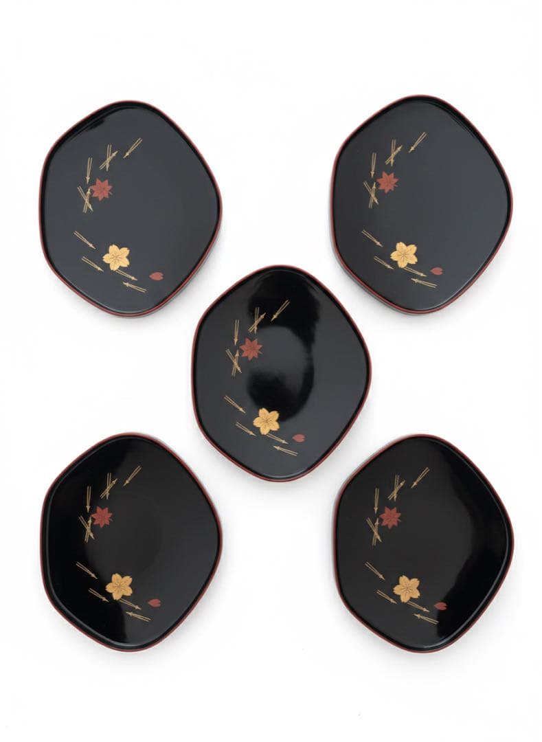 【極美品】輪島塗 銘々皿 5枚セット 春秋蒔絵（桜・紅葉） 天然木・本漆