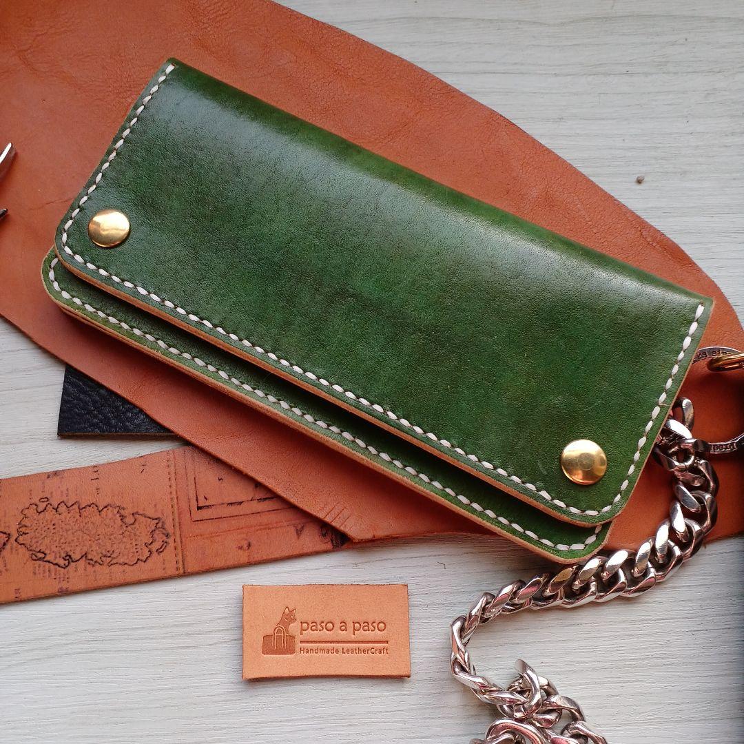 トラッカーウォレット　ロング　ハンドメイド グラデーション　オリーブ～グリーン