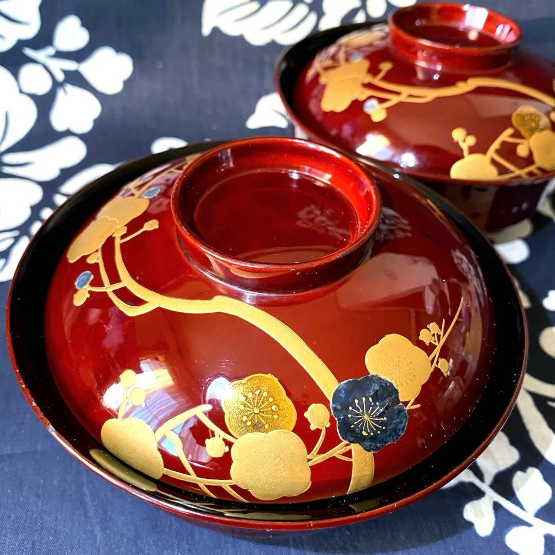 大正時代物骨董　天然木製漆器椀　梅柄金蒔絵・螺鈿　外朱内黒　菓子椀・雑煮椀　二客 m74576808905_1.jpg?1751446219