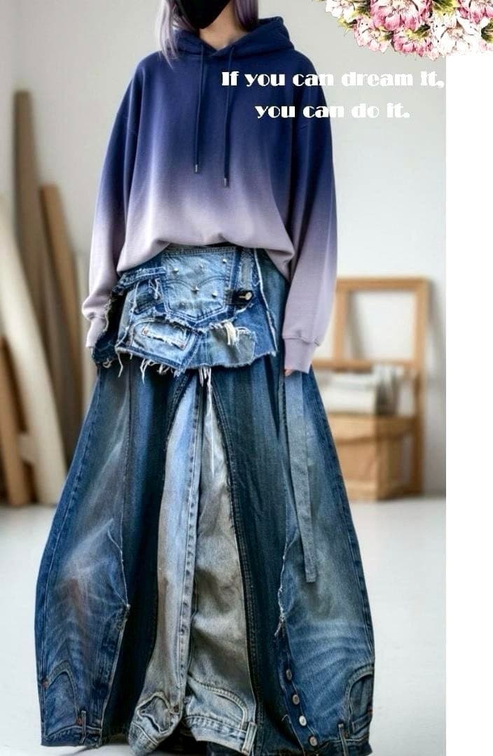 年末セール！デニムリメイク☆フレアパンツxプリーツ巻きスカート☆セットアップ