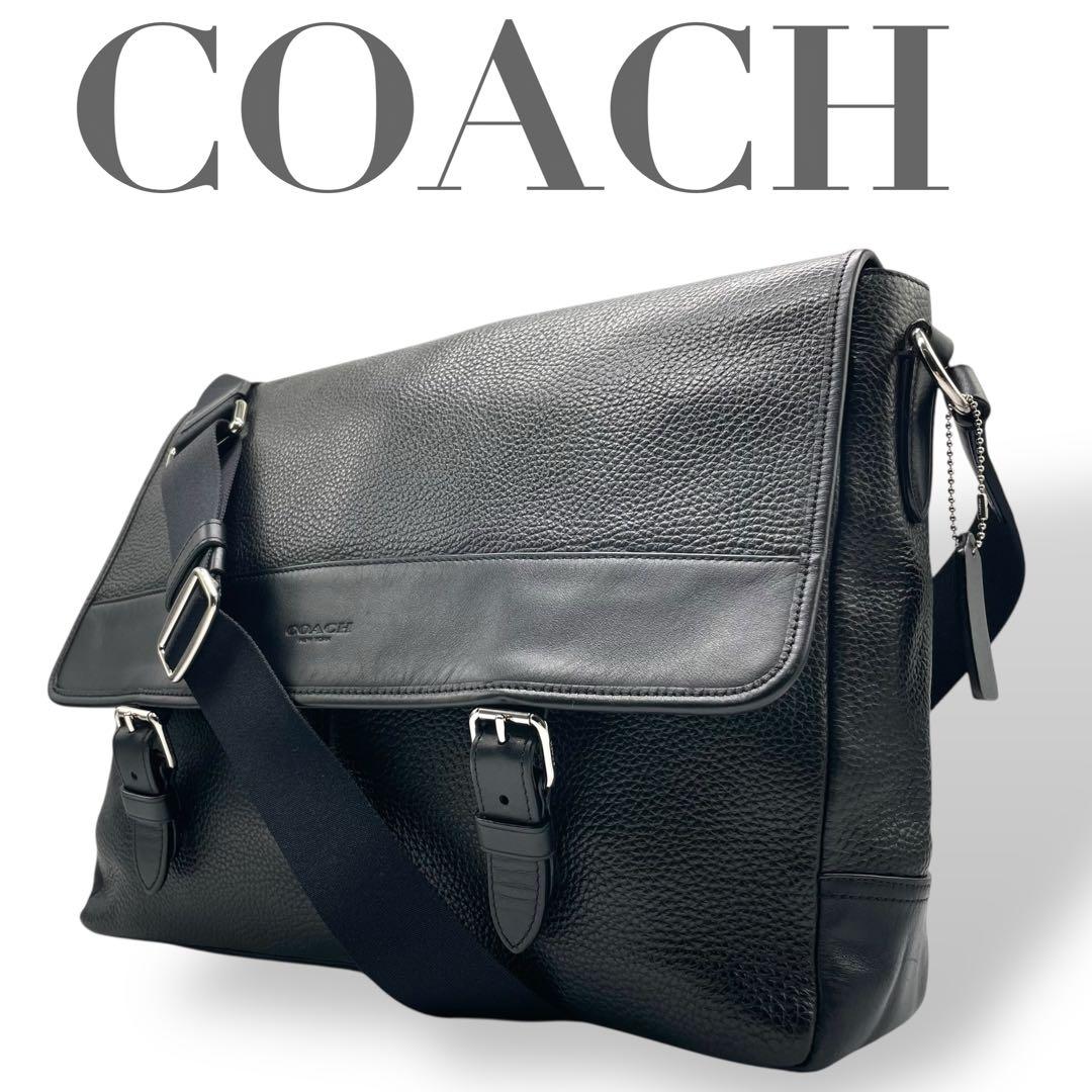 美品 COACH コーチ☆シボ革 ロゴ型押しショルダーバッグ レザー ブラック