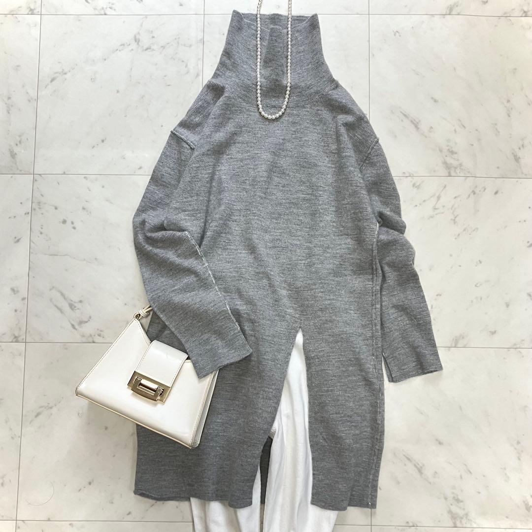 美品 ウィムガゼット ウールカシミヤ ハイネックニット チュニック丈 グレー