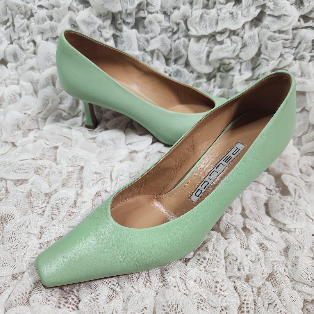 美品 ペリーコ ダマ スクエアトゥ レザー パンプス ムーングリーン 37 美品 ペリーコ ダマ スクエアトゥ レザー パンプス ムーングリーン 37