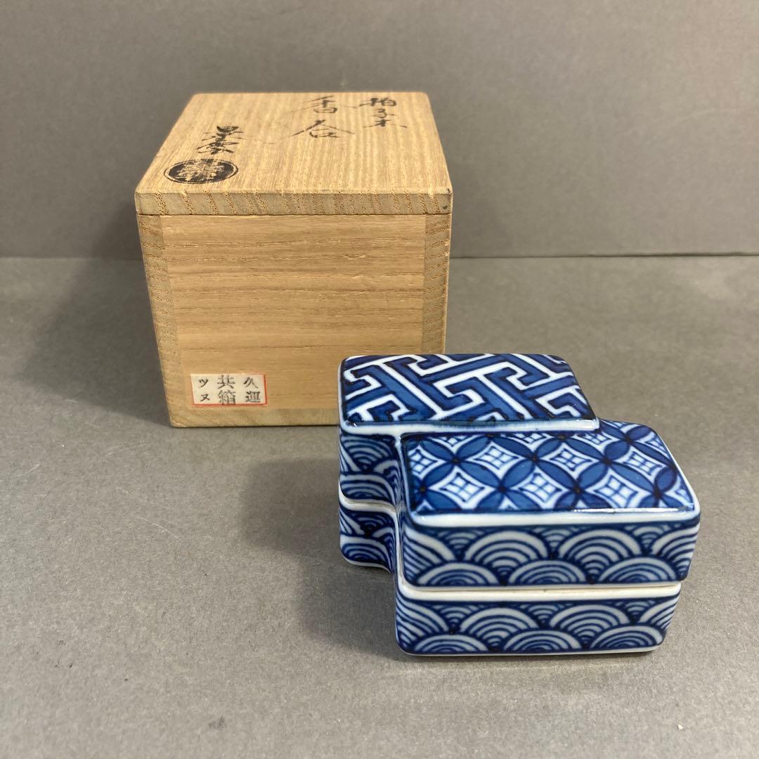 茶道具　拍子木　青絵　香合　景雲　造　￼共箱　S74A