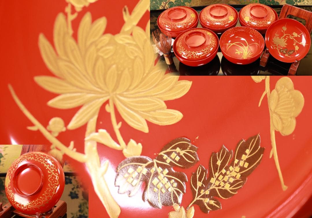 BJ120　時代輪島塗　四君子図蒔絵　吸物椀　五客　木製　茶道具 懐石 会席 BJ120 時代輪島塗 四君子図蒔絵 吸物椀 五客 木製 茶道具 懐石 会席 趣