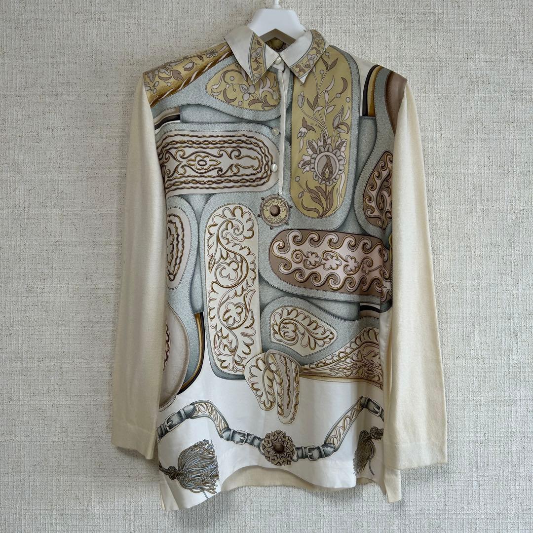 HERMES (エルメス) シルク×ニット長袖 カットソー 総柄 M アイボリー