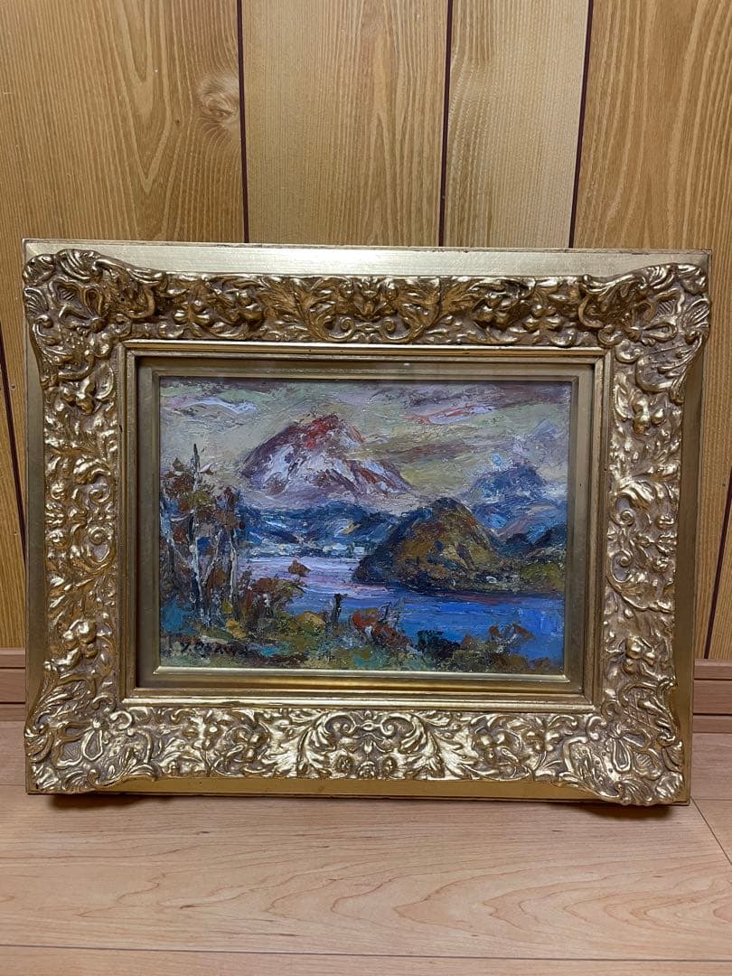 【絵画】作者/作品名不明 山と湖の風景 アンドレ・ジョー 油彩肉筆画『スロベニア～ブレッド湖～』 | 東京書芸