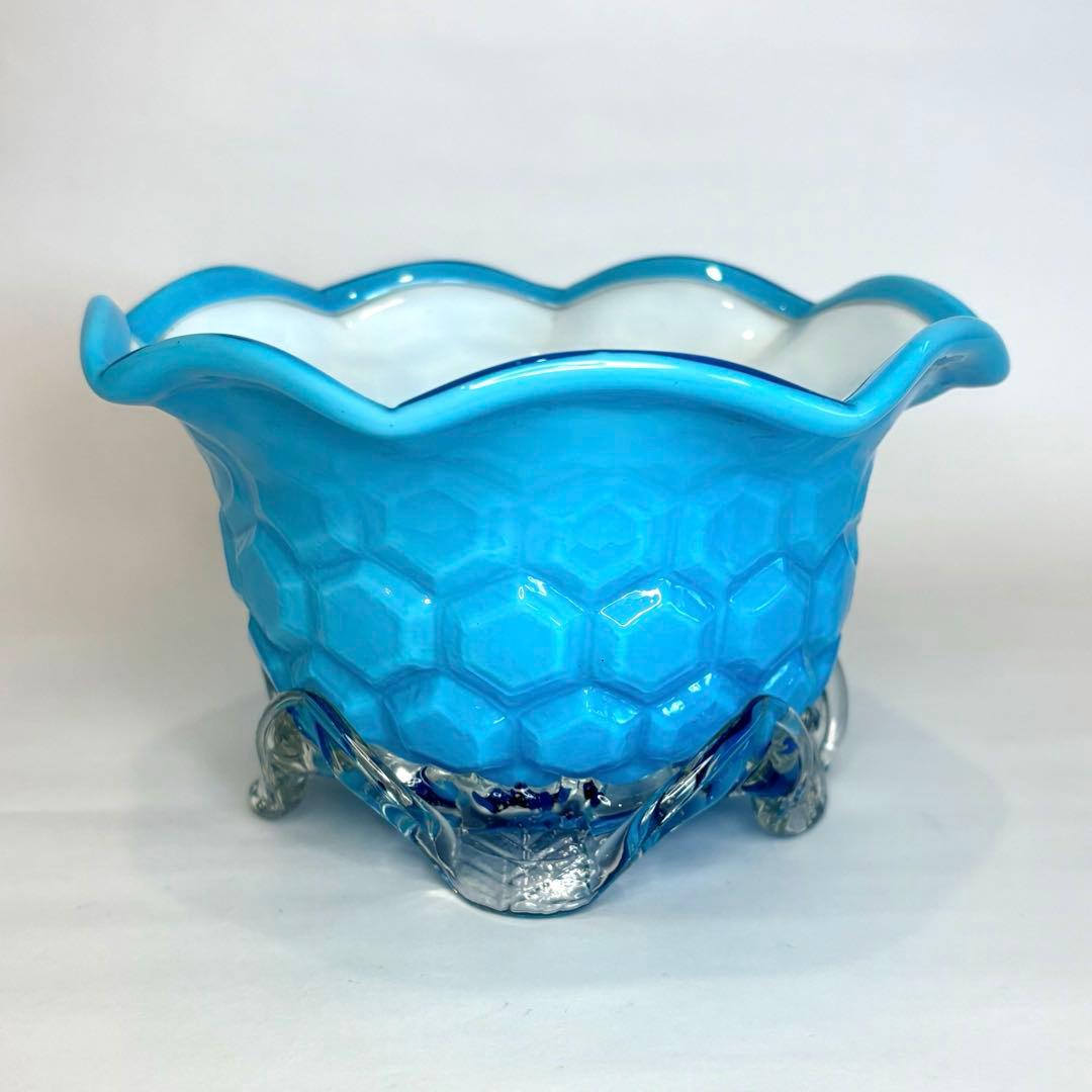 昔ガラス　アンティーク　花縁　フリル　亀甲紋様　ガラス　コンポート　ブルー