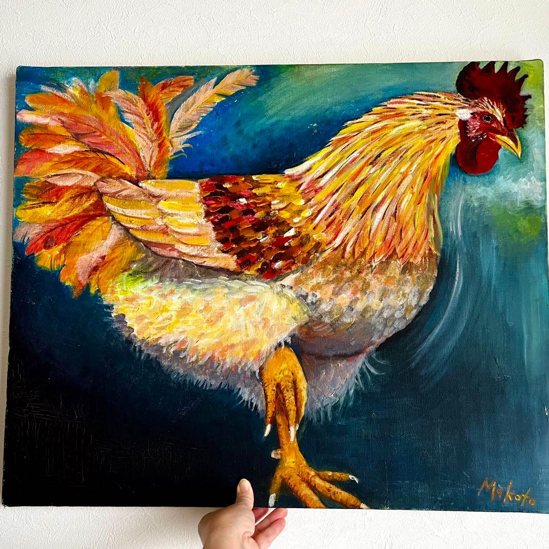 油絵 鶏 ニワトリ 絵画 F15号 西に飾ると金運アップ 風水 開運 酉 絵