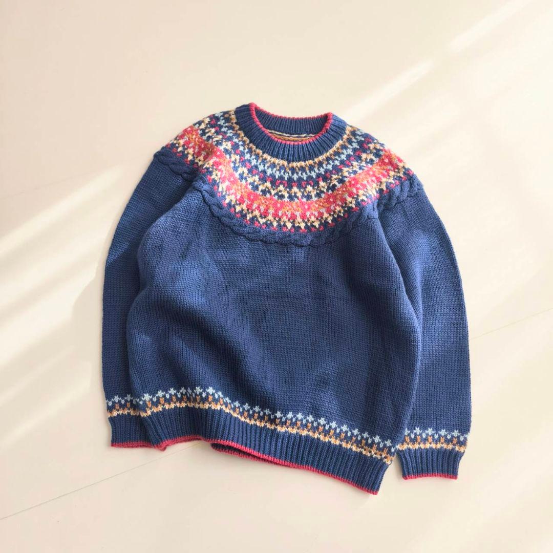 配色可愛いヴィンテージ　フェアアイル　ノルディックニット　ブルー A25