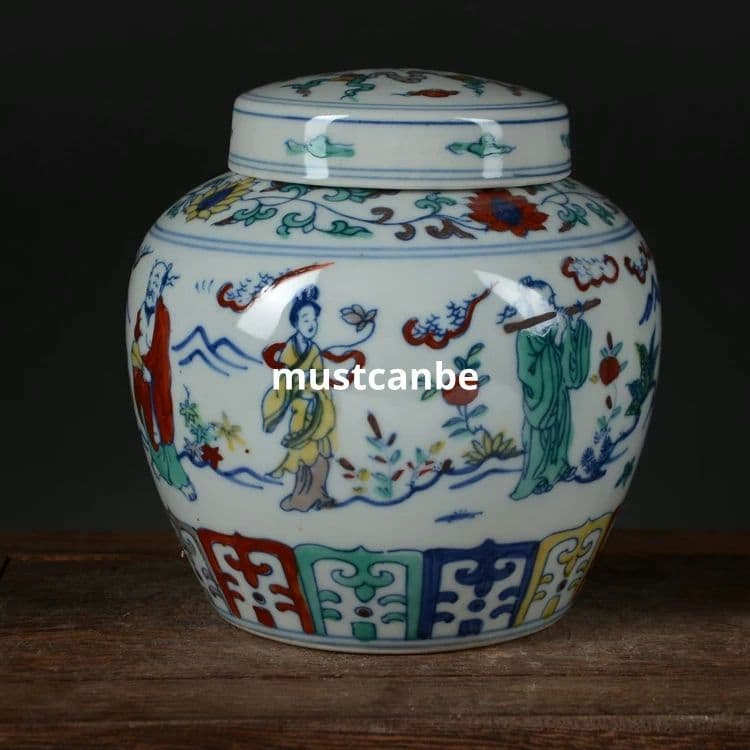斗彩八仙天字缶 茶筒 景徳鎮 陶磁器 装飾品 現代工芸品 美術品 置物