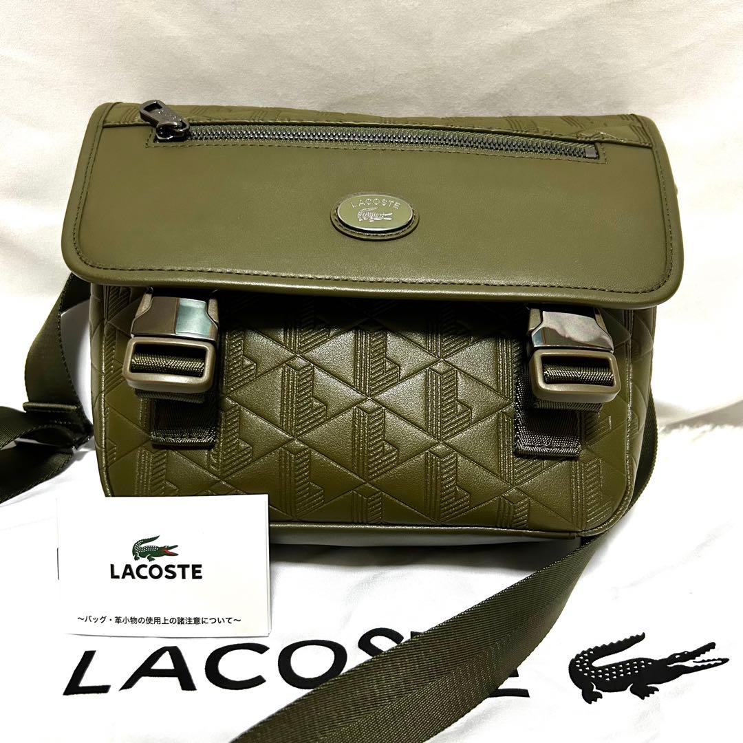 未使用品　LACOSTE ラコステ　メッセンジャーバッグ　カーキ　レザー　革